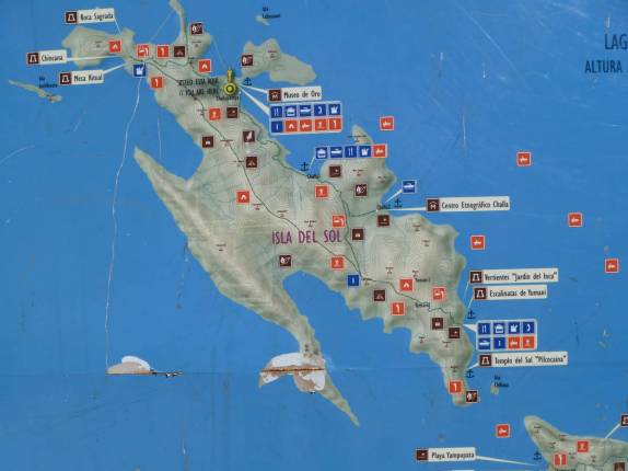 Mapa de trilhas e atrações da Isla del Sol, no lago Titicaca, na Bolívia
